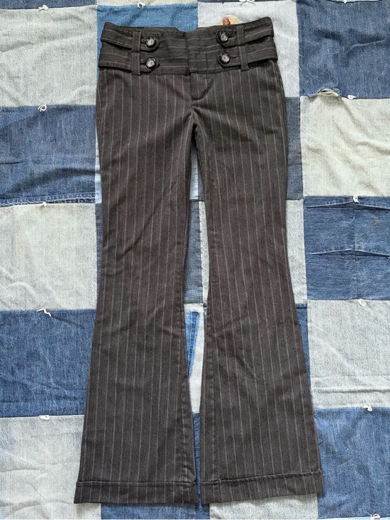 Vanity Pants - Y2K vanity flare grey striped trouser pants low rise wide belt button woven 5